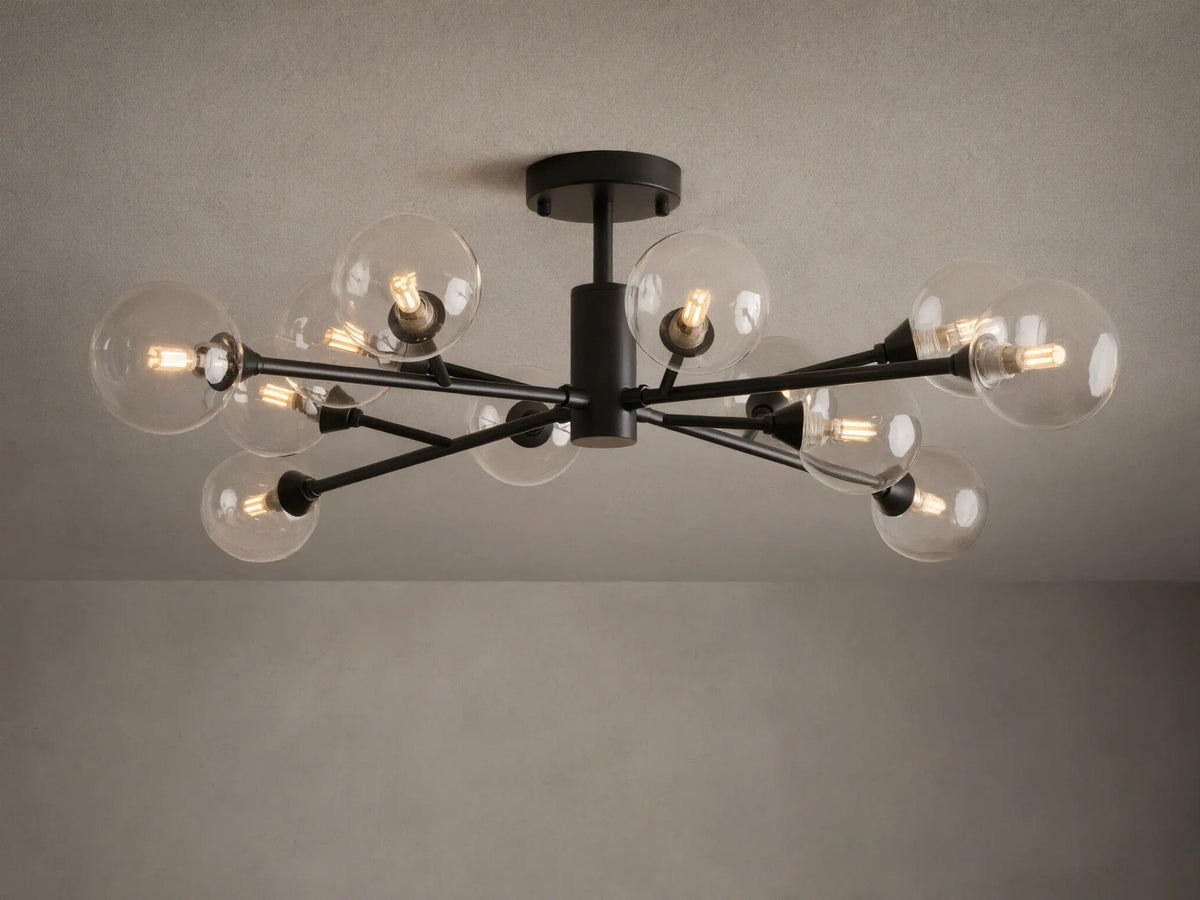 Apollo Flush Mount with an antiqued bronze finish, features multiple clear glass globes extending from a central fixture, mounted on a ceiling.