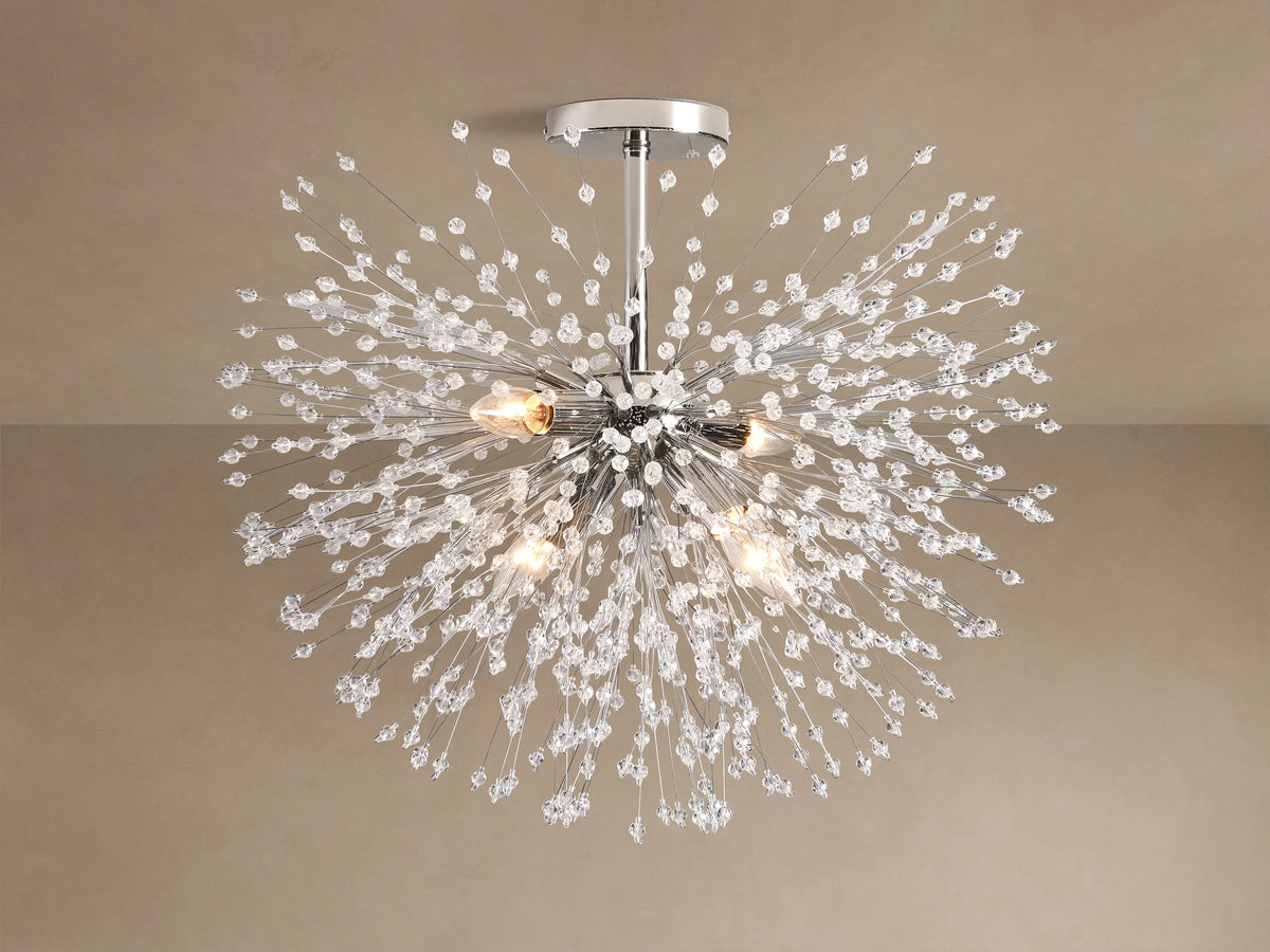 Dandelion Flush Mount with a polished chrome base and numerous radiating arms tipped with sparkling clear crystal beads.