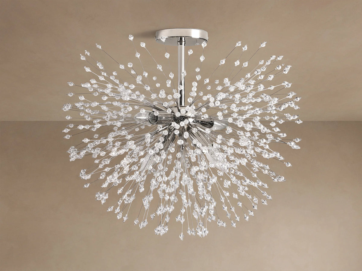 Dandelion Flush Mount with a polished chrome base and numerous radiating arms tipped with sparkling clear crystal beads.