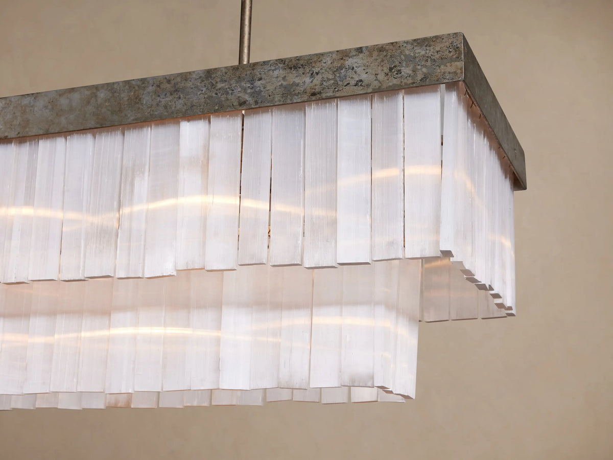 Cameron Rectangular Chandelier, antique silver frame, two tiered rows of vertical white selenite pieces, hanging from rods.