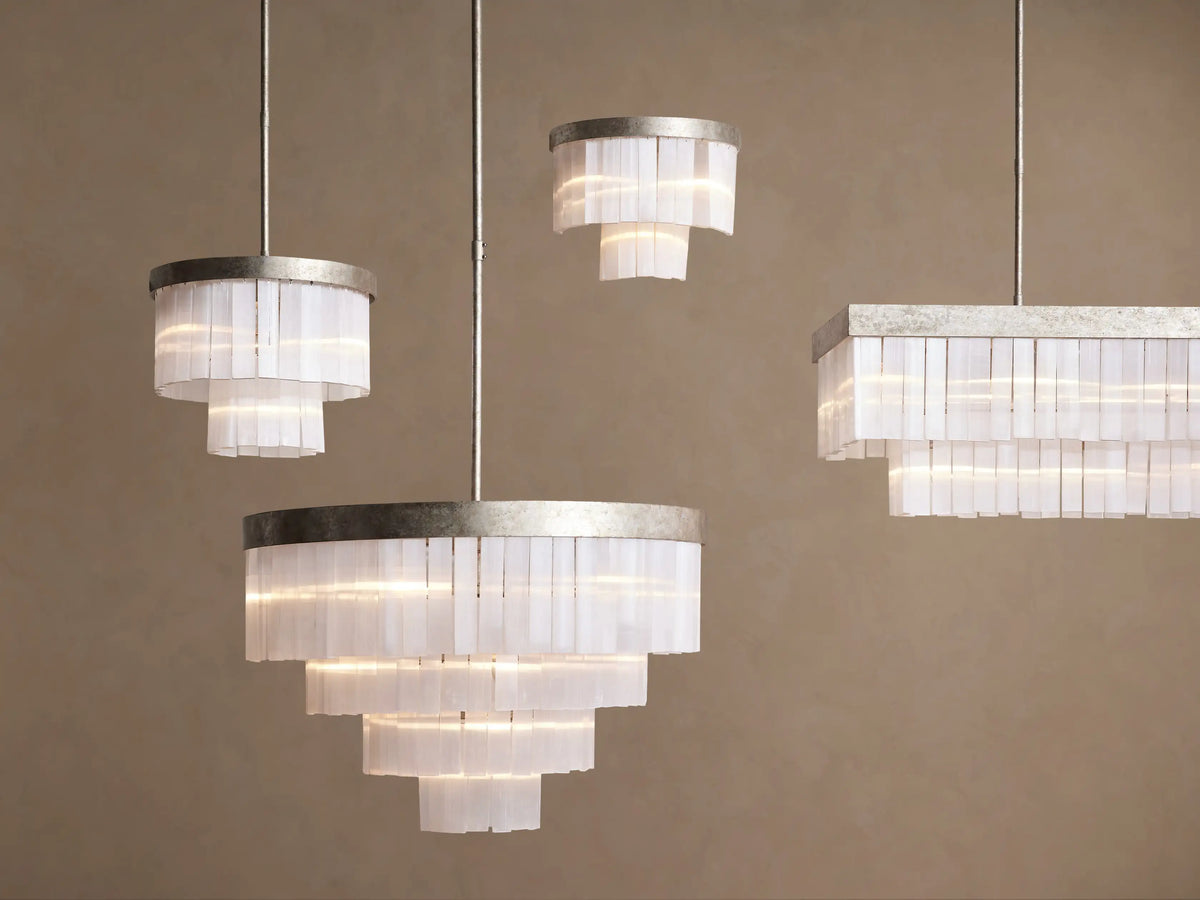 Cameron Rectangular Chandelier: Antique silver rectangular canopy mounted on a light brown ceiling, with two silver hanging rods.