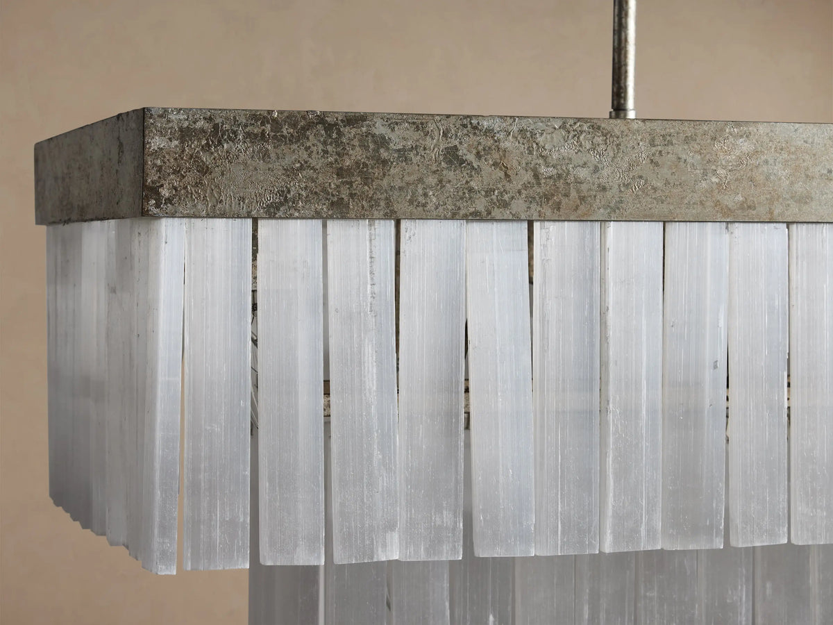 Cameron Rectangular Chandelier with antique silver frame and two tiers of hanging white selenite panels.