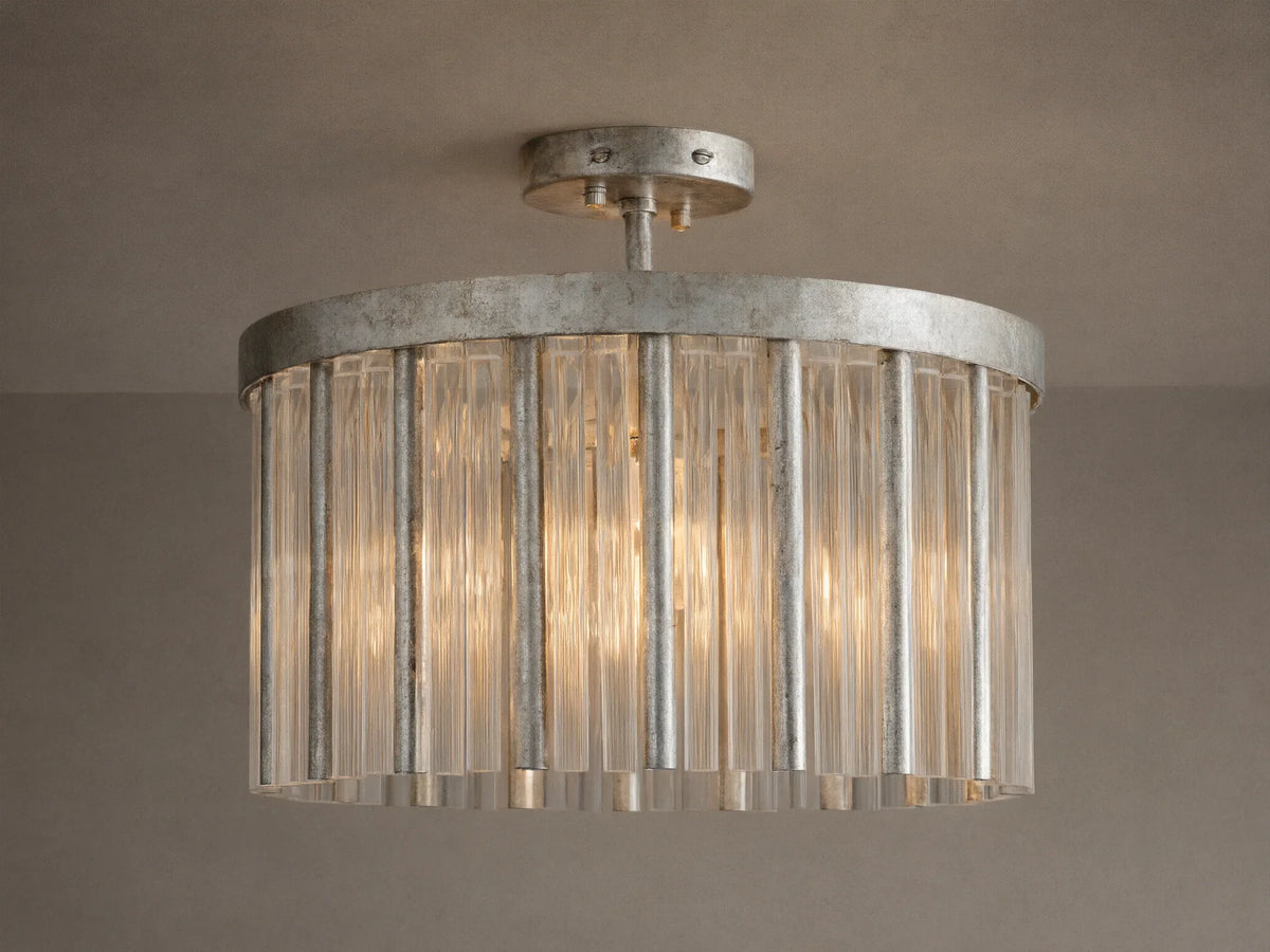 Andalucia Flush Mount with distressed silver finish, clear fluted glass rods, mounted flush on a light ceiling.