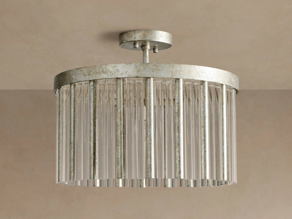 Andalucia Flush Mount with distressed silver finish, clear fluted glass rods, mounted flush on a light ceiling.