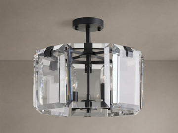 Amaya Flush Mount: black metal fixture with geometric clear, faceted crystal panels, mounted on a ceiling, bulbs off.