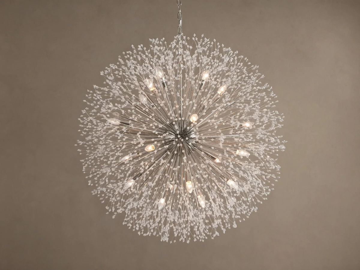 Large Dandelion Round Chandelier with nickel-plated arms radiating outwards, adorned with clear glass crystals, warmly lit.