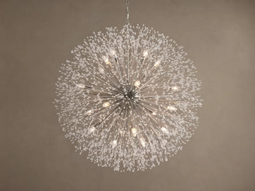 Large Dandelion Round Chandelier with nickel-plated arms radiating outwards, adorned with clear glass crystals, warmly lit.