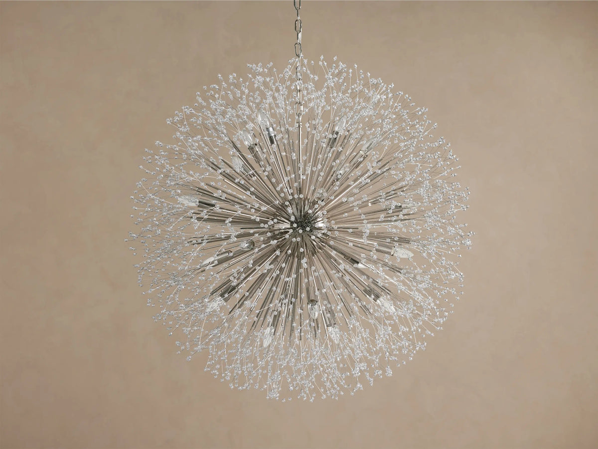 Large Dandelion Round Chandelier with nickel-plated arms radiating outwards, adorned with clear glass crystals, warmly lit.