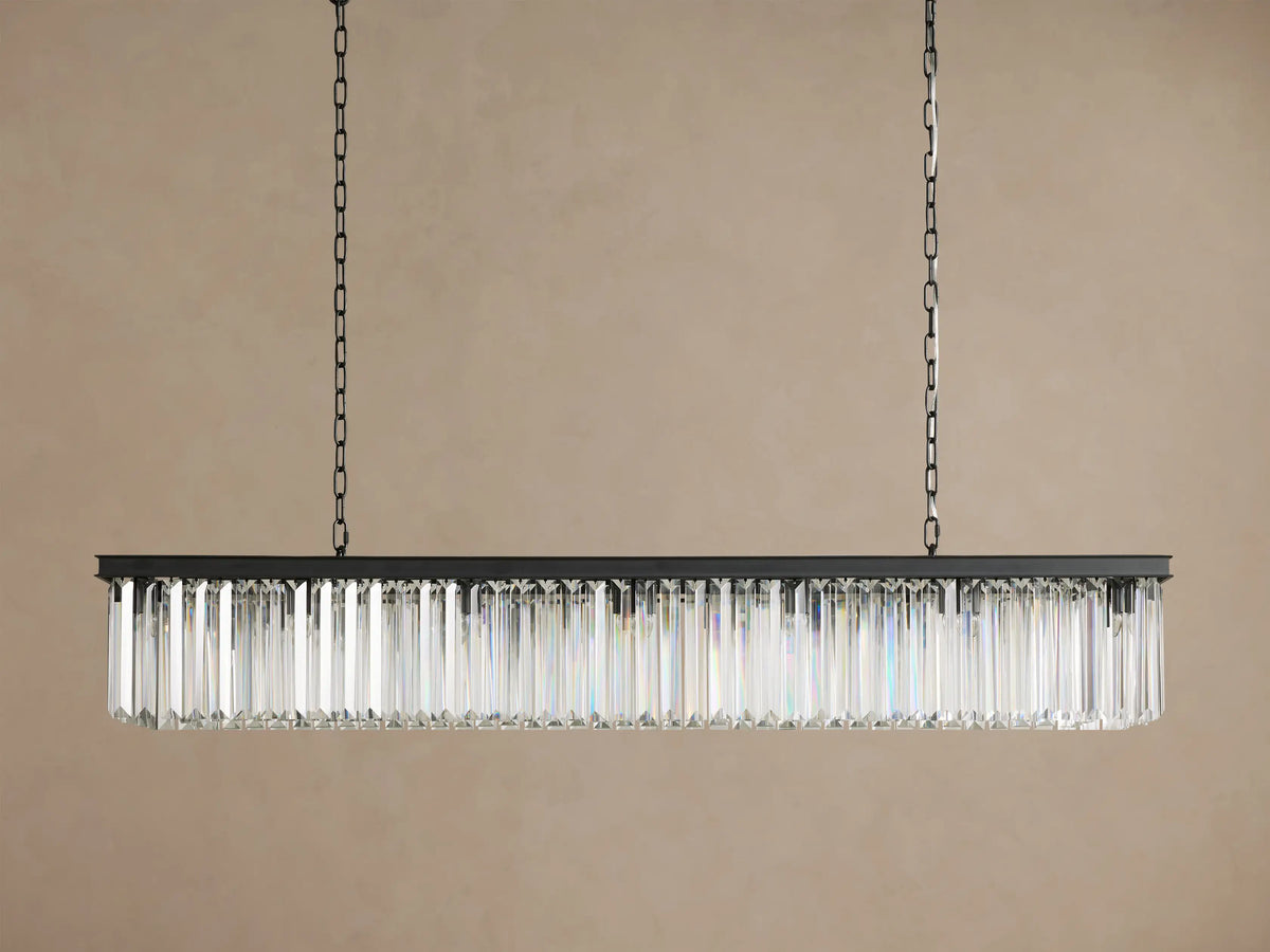 Leyland Rectangular Chandelier, dark oil-rubbed iron frame with rows of clear K9 glass crystals, hanging by two chains.