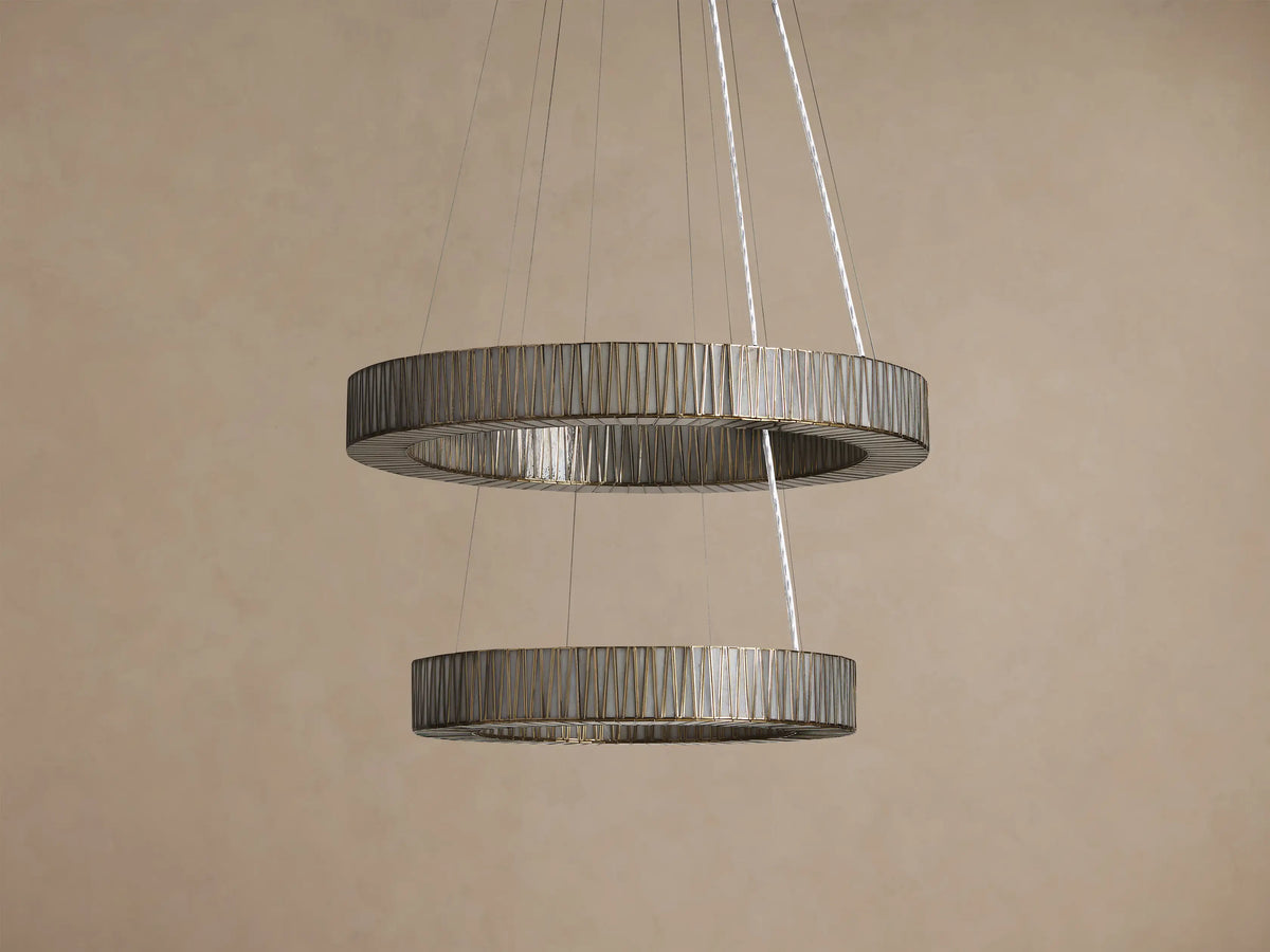 Jeunet 2-Tier Round Chandelier with two illuminated silver-toned circular tiers, featuring a vertical ribbed pattern.
