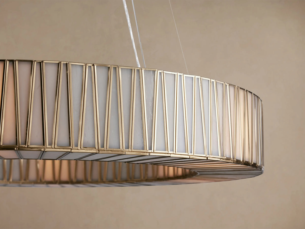 Jeunet Round Chandelier in antiqued brass, featuring a circular frame with vertical segments and translucent light-colored panels, hanging.