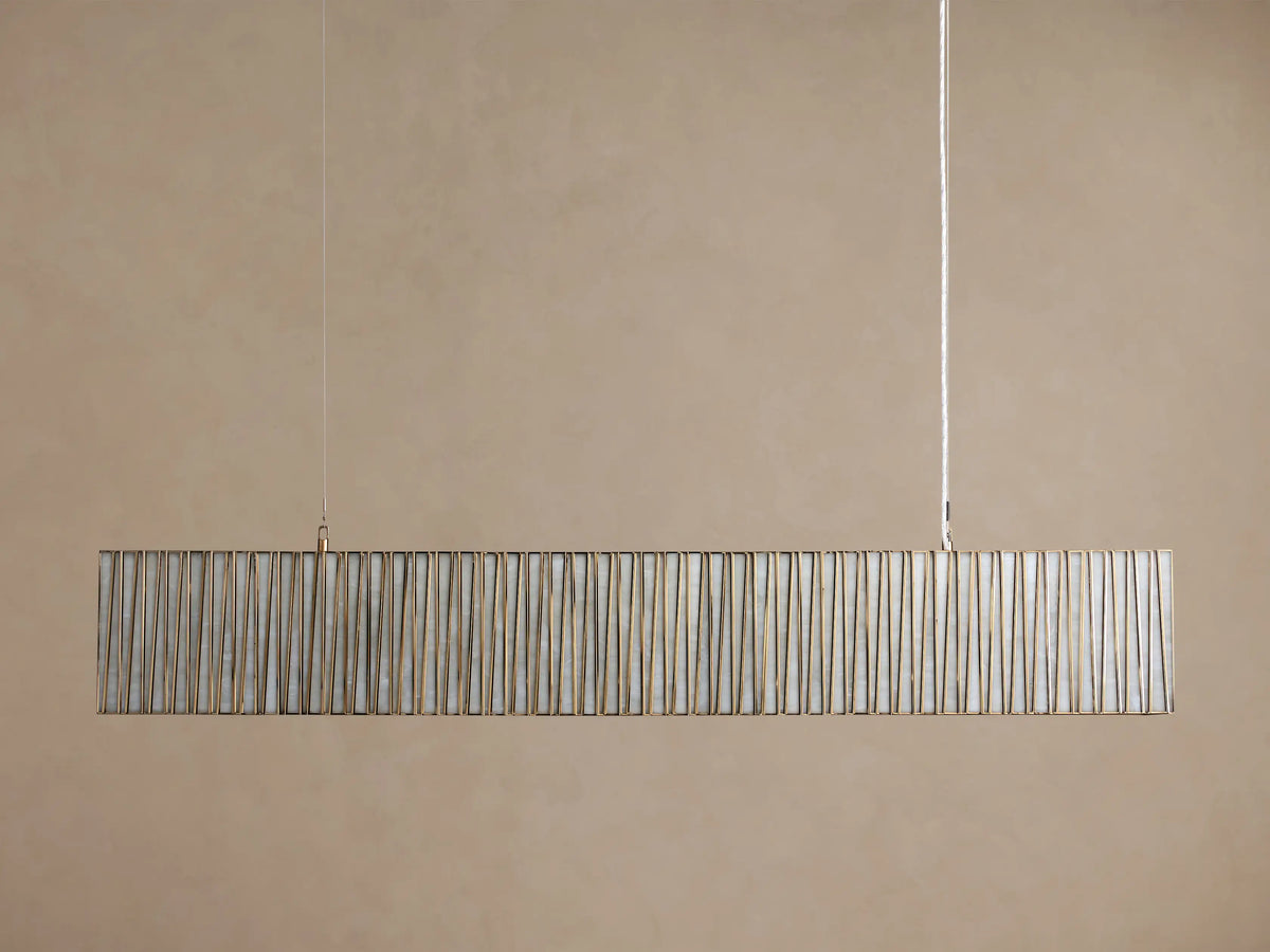Jeunet Rectangular Chandelier, long, with illuminated vertical glass panels and a nickel-finish iron frame, hanging horizontally.
