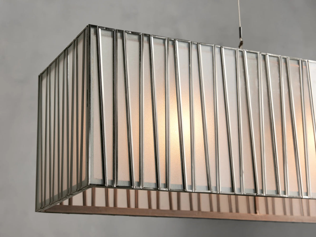 Jeunet Rectangular Chandelier with an elongated glass and iron frame in antiqued finish, suspended by two cables.