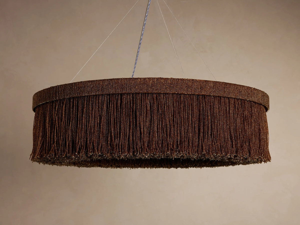 Romilly Round Chandelier, circular, dark brown fixture with dense, individually strung beads forming a fringed body, hanging.