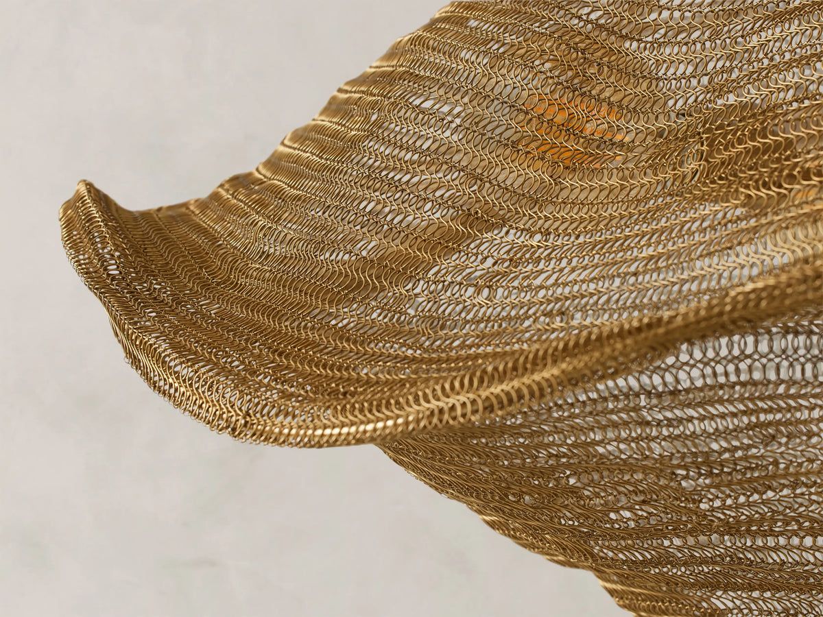 Mirza Sphere Chandelier: antique brass woven steel and brass fixture with a wavy, square-like shape, suspended from a chain.