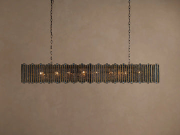 Laila Rectangular Chandelier, antique copper iron/brass frame with vertical antiqued mirrored-glass panes, glowing warm lights, hanging from chains.