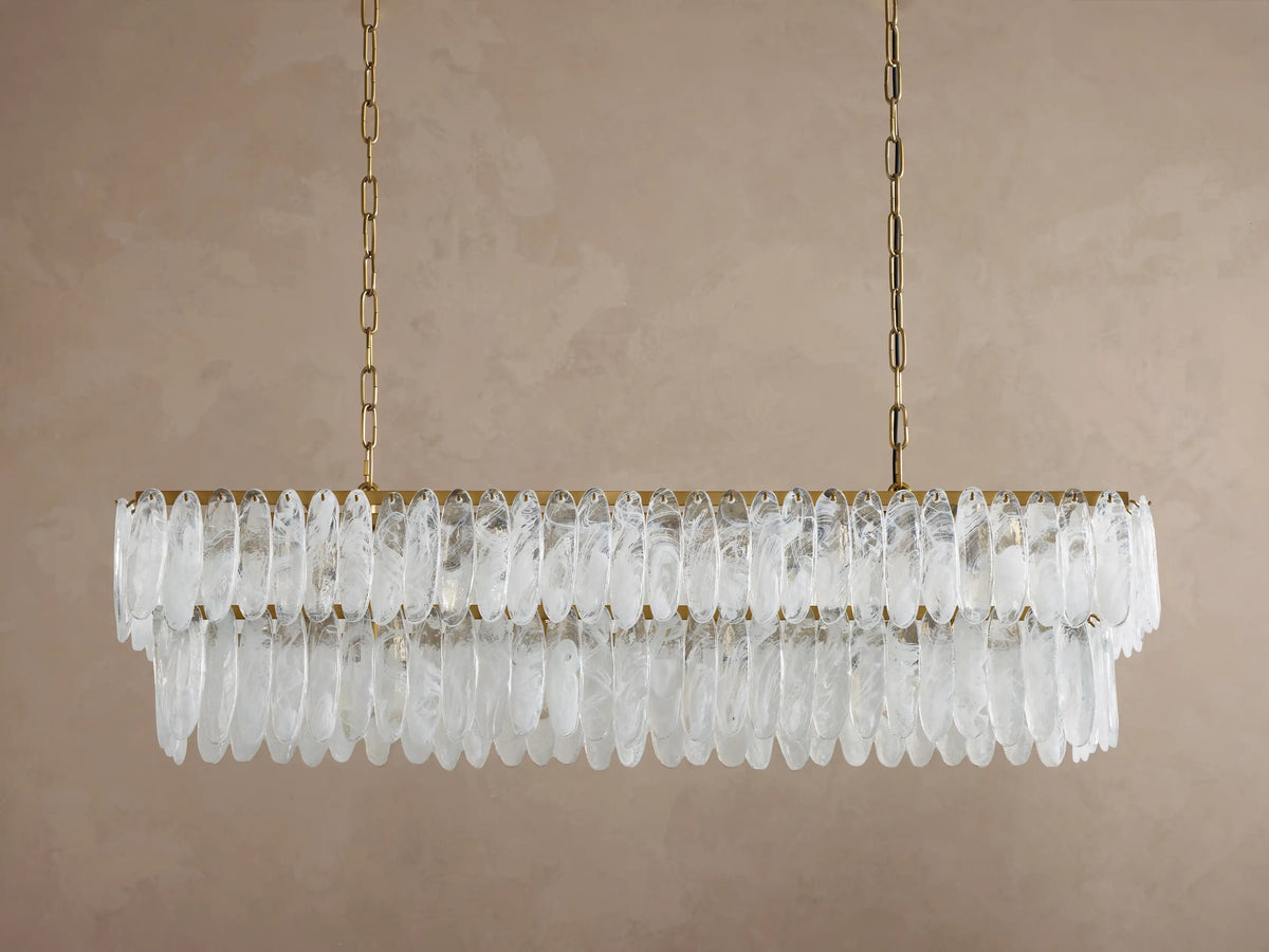 Front view of rectangular chandelier with two tiers of clear, textured glass panels hanging from a gold-colored frame and chains.