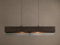 Lena Linear Chandelier: A rectangular dark wood beam with textured grain, featuring mirrored glass below, emitting a warm glow, suspended by black cords.