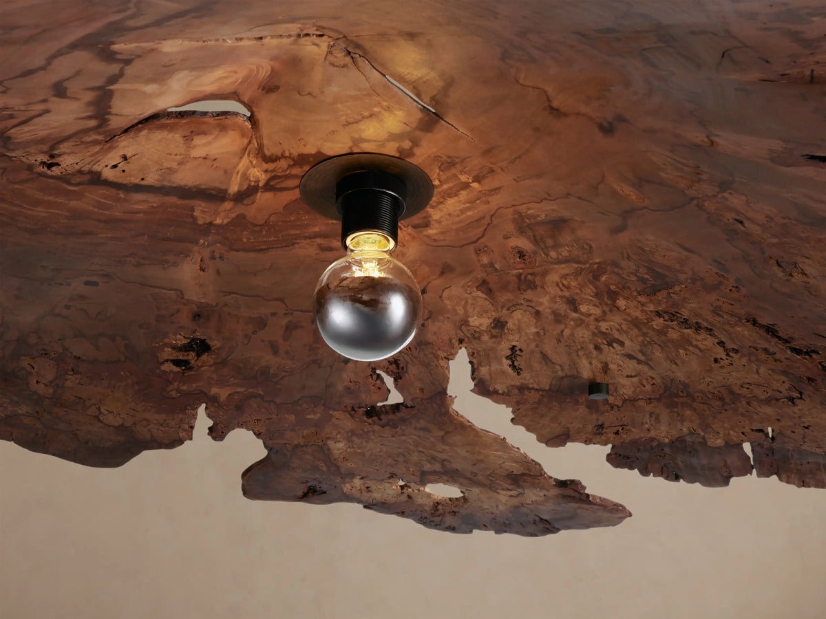 Arruga Chandelier. Organic, dark brown milpa wood dome with irregular edges, a clear bulb hanging from its center.