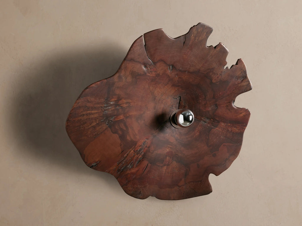 Arruga Sconce: Irregular dark brown milpa wood slice sconce with a glowing metallic-dipped bulb in the center, mounted on a neutral wall.