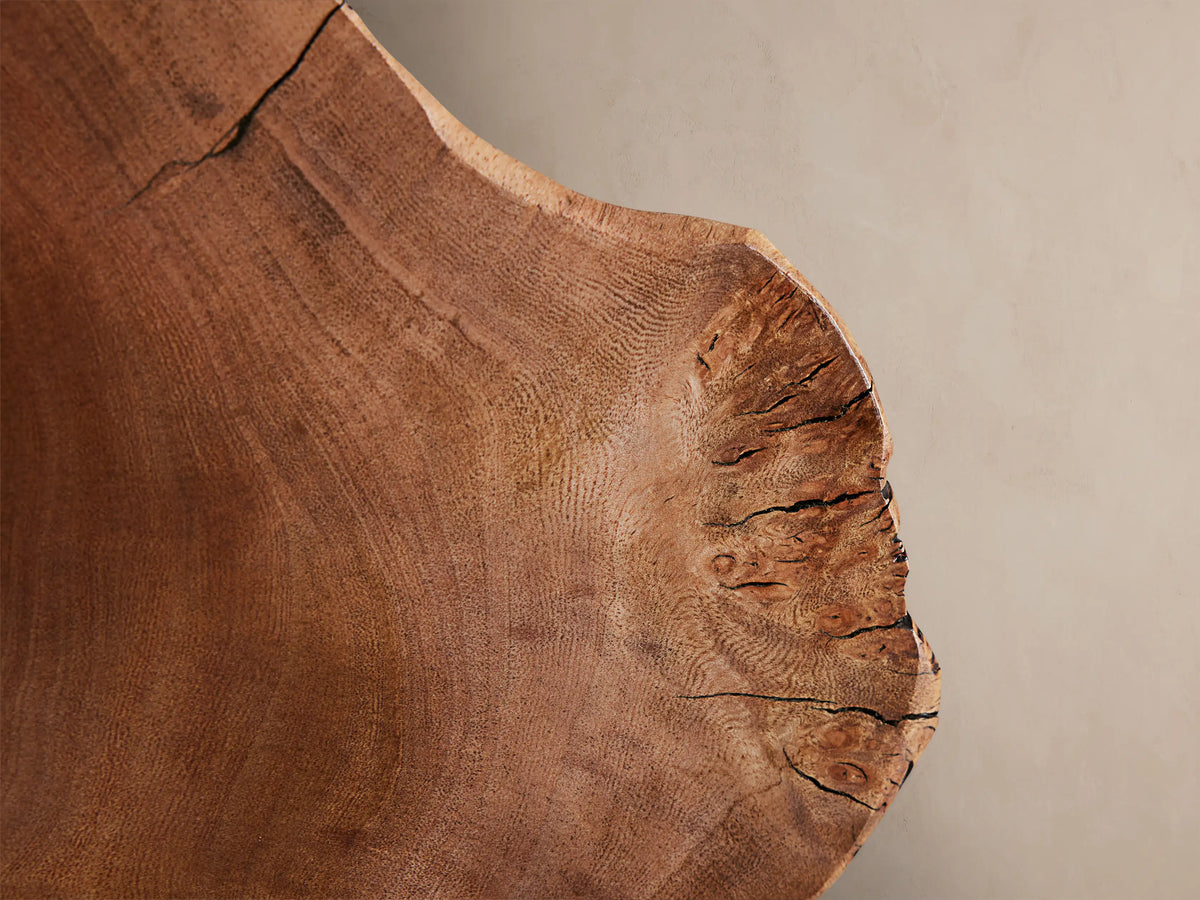 Arruga Sconce: A natural milpa wood dome with irregular edges & a metallic-dipped bulb in the center, mounted on a wall.