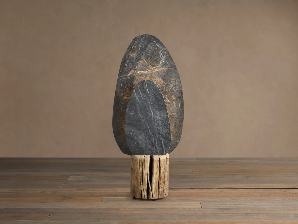 Shinto Floor Lamp: Tall, dark gray slate stone with golden veins & smaller nested stone, on a textured light brown wood base.