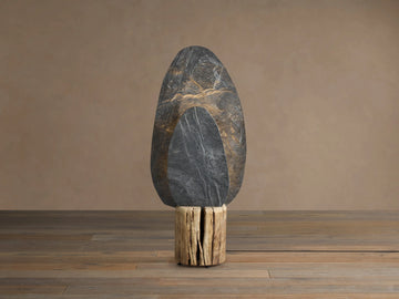 Shinto Floor Lamp: Tall, dark gray slate stone with golden veins & smaller nested stone, on a textured light brown wood base.