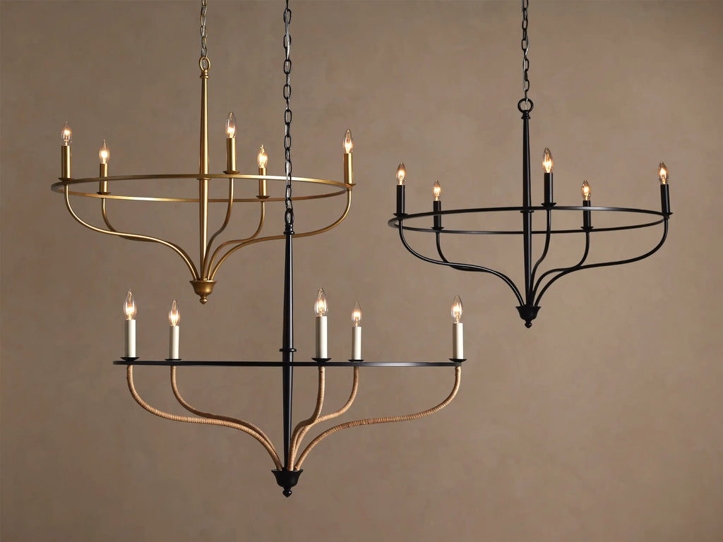Close-up of Rosalind Rattan Chandelier's black matte ceiling canopy, chain, & clear cord against a beige ceiling.