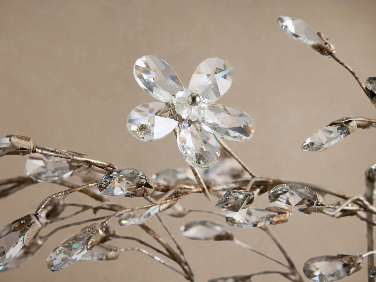 Fiore Flush Mount: ornate ceiling fixture with many sparkling clear crystal flowers and leaves on antiqued gold metallic branches.