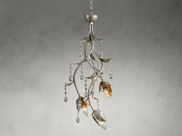 Viticcio Pendant in hand-molded iron with silver finish, adorned with faceted glass crystals and ornate, leaf-shaped bulb holders.