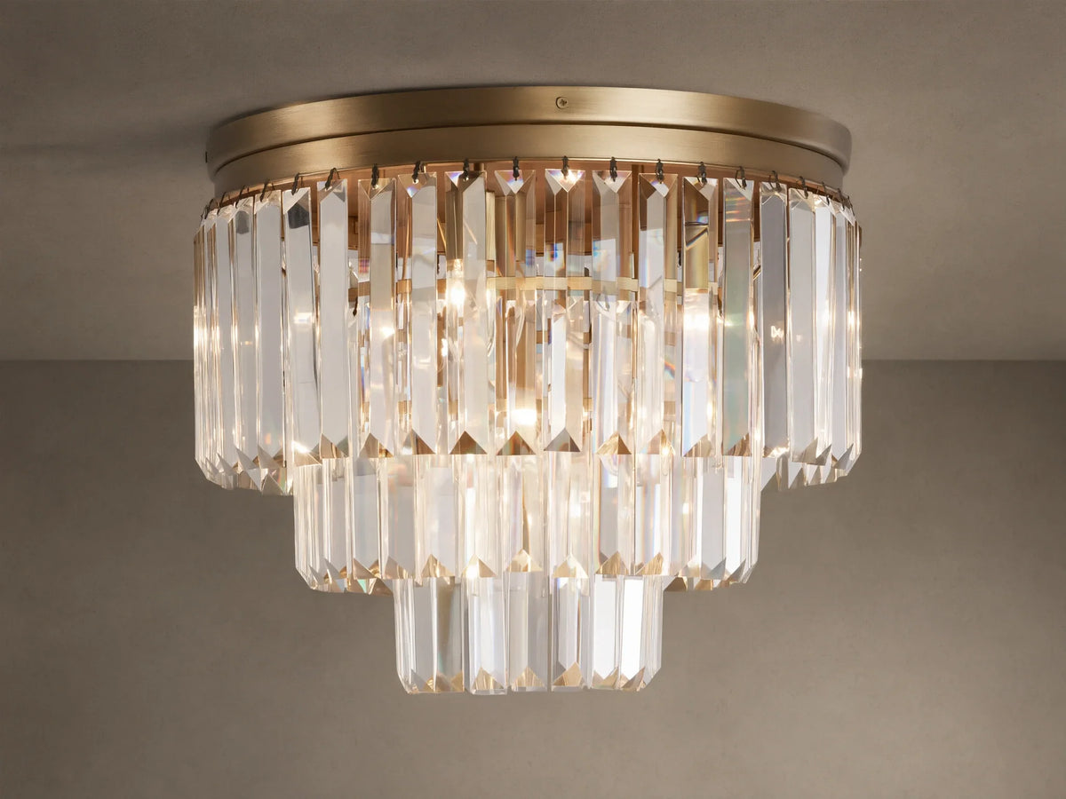 Leyland Flush Mount with tiered K9 crystals & an oil-rubbed bronze base, mounted on a ceiling, radiating warm light.