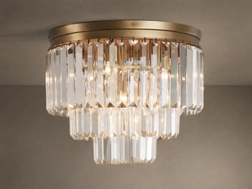 Leyland Flush Mount with tiered K9 crystals & an oil-rubbed bronze base, mounted on a ceiling, radiating warm light.