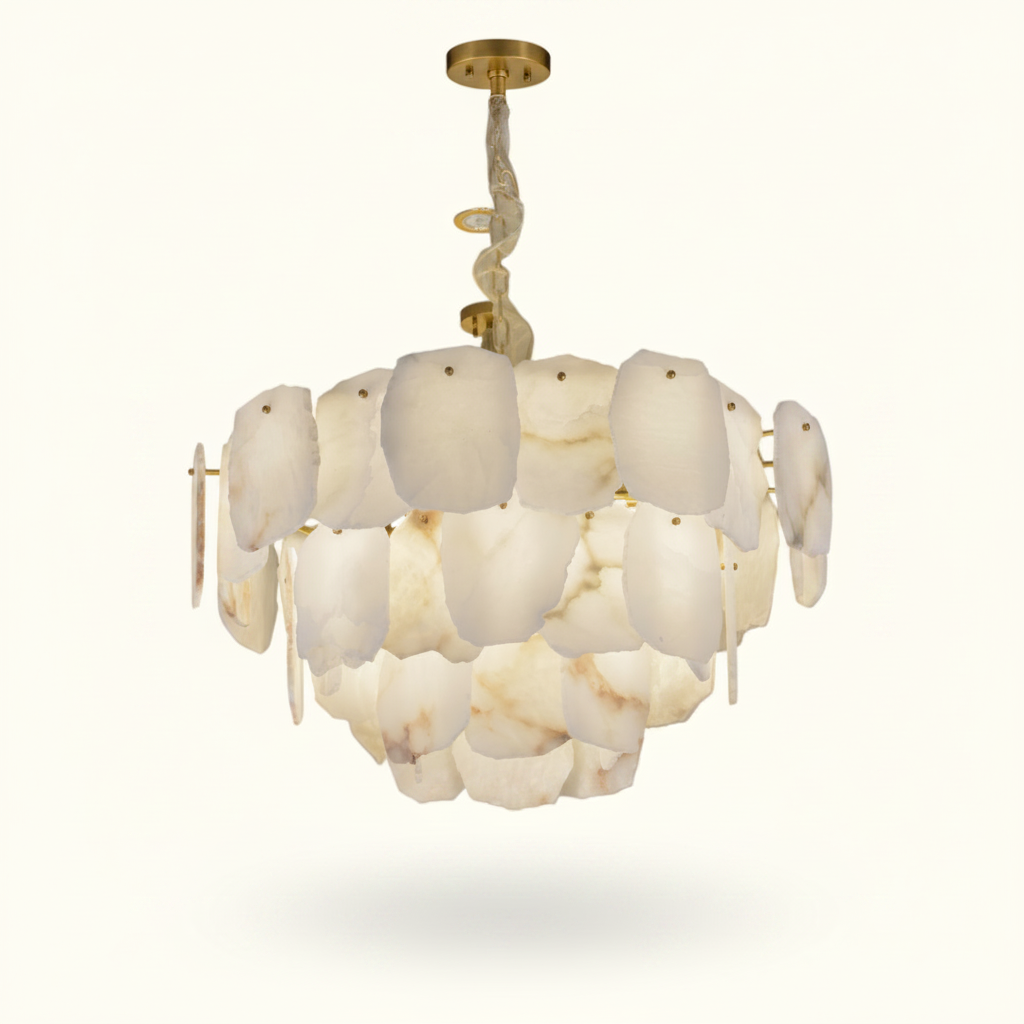 Alabaster-Look & Brass Chandelier for Dining Room