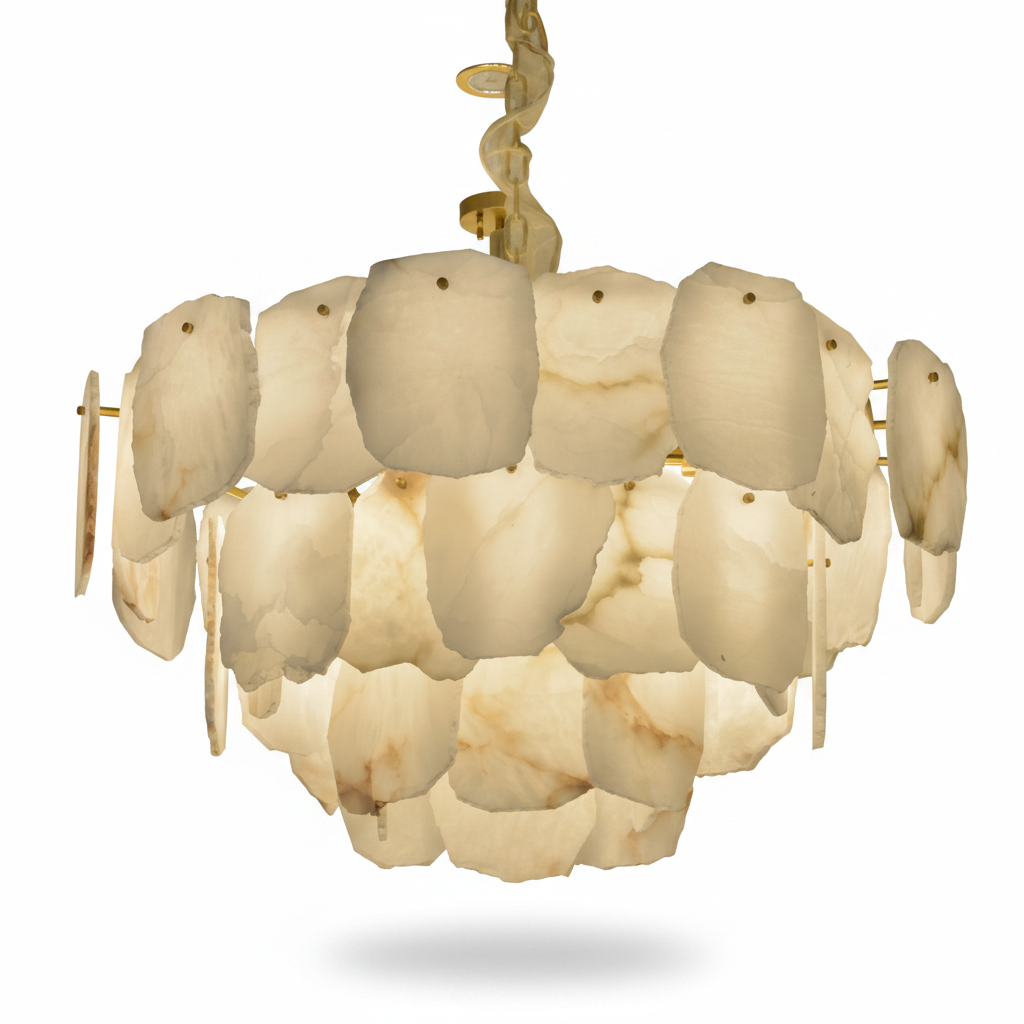Alabaster-Look & Brass Chandelier for Dining Room