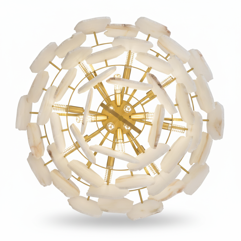 Alabaster-Look & Brass Chandelier for Dining Room