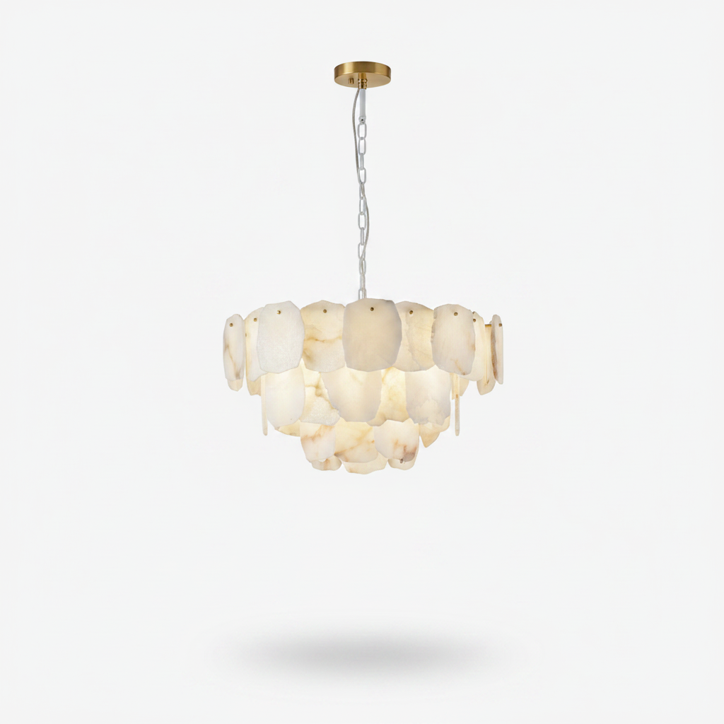 Alabaster-Look & Brass Chandelier for Dining Room